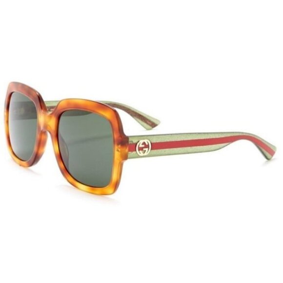 GUCCI Light Havana Square Sunglasses GG0036S 003 Havana/Green Glitter New in Box - Picture 2 of 7